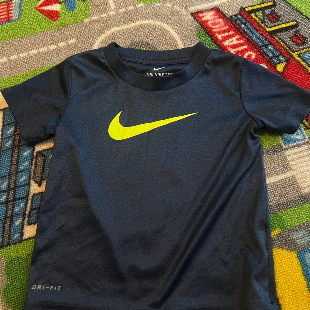 Nike Kids Dark Blue Tee with Neon Logo